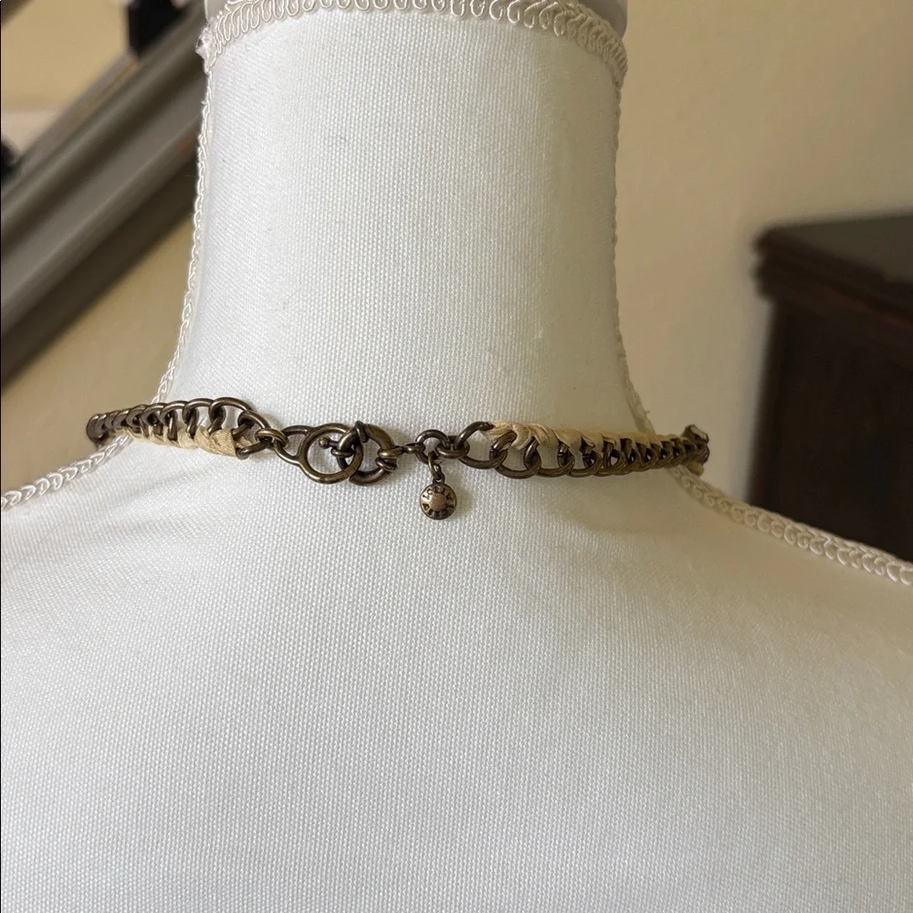 J. Crew Bronze Chain & Ivory Ribbon Necklace With Rhinestones
